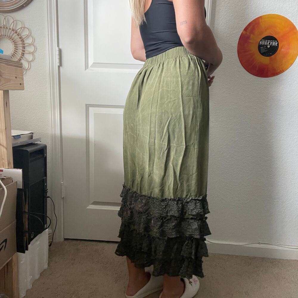 Vintage Clothes Horse Olive Green Prairie Button Front Tiered Lace Skirt Sz S - Picture 2 of 3